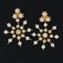 Vintage 14k Gold 2.75 ctw Diamond & Pearl Earrings w/ Snowflake Dangle Enhancers