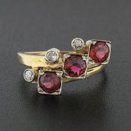 Antique Victorian 14k Yellow Gold 2.15 ctw Old Cut Garnet & Diamond Milgrain Rin