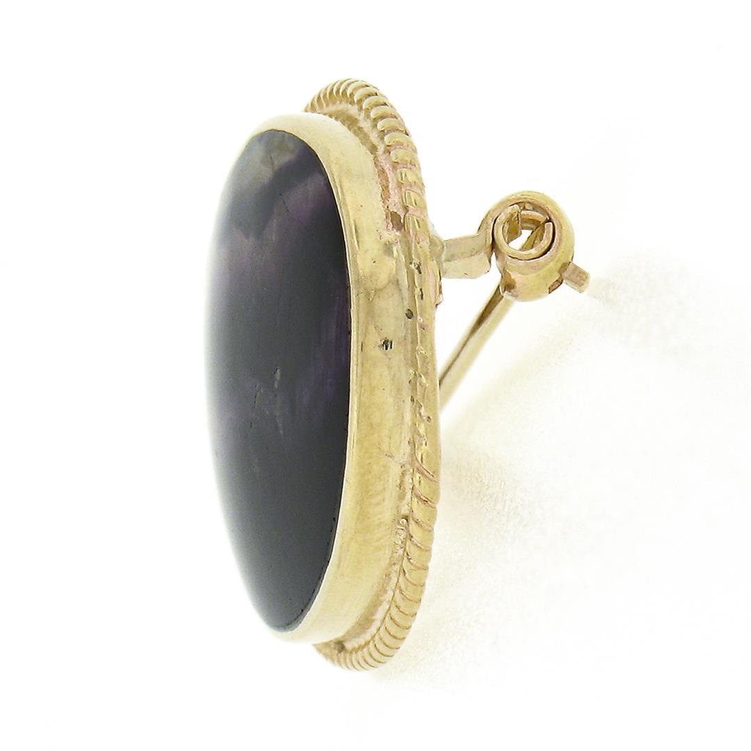 Vintage 9k Gold Oval Bezel Polished Natural Amethyst Twisted Wire Frame Brooch