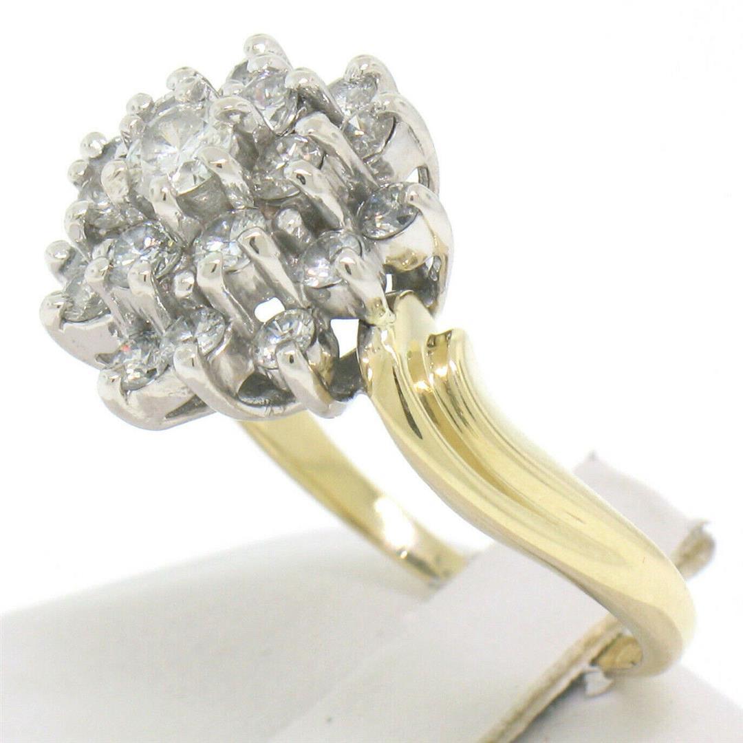 14k Two Tone Gold 1.10 ctw Round Diamond Flower Cluster Ring w/ Wavy Shank