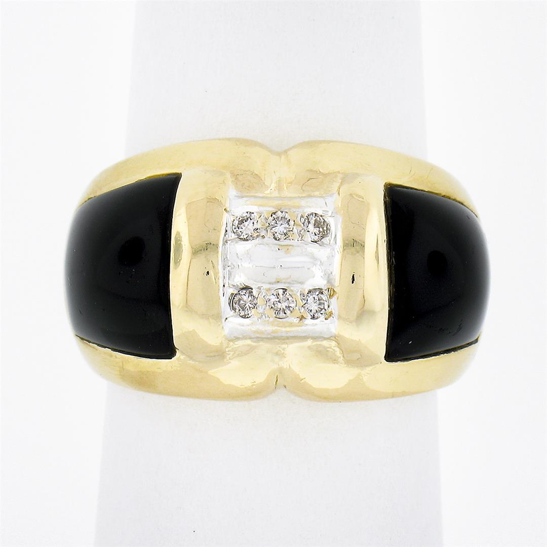 14K Yellow Gold .12 ctw Pave Diamond Black Onyx Sides Polished Wide Dome Band Ri