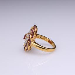 Heavy 18k Yellow Gold Ruby & Diamond Art Deco Style Ring