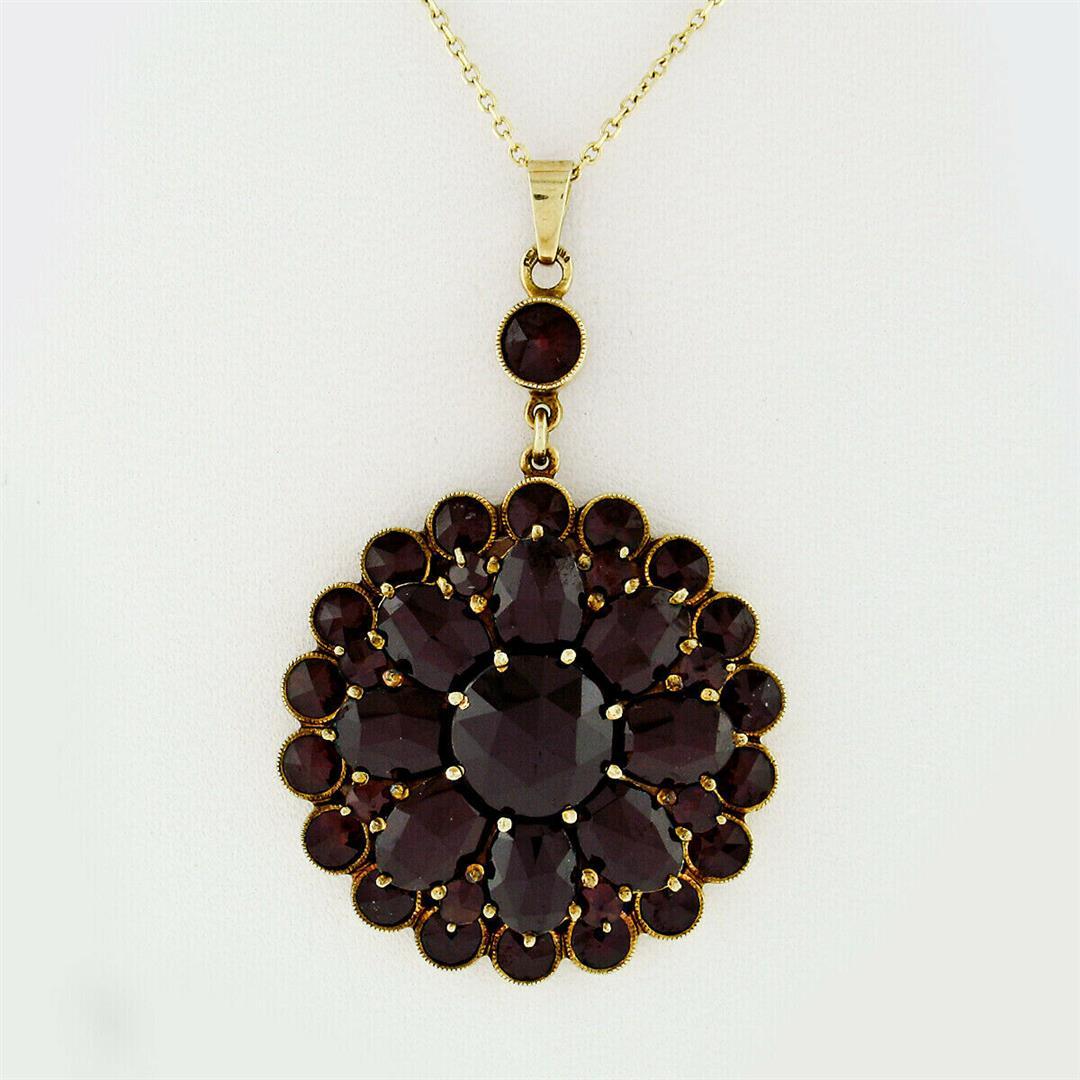 Antique Victorian 10k Gold Rose Cut Red Garnet Milgrain Flower Pendant Necklace