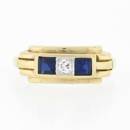 Retro Vintage 14K Gold Square Channel Blue Stone.06 ctw Diamond 3 Stone Band Rin