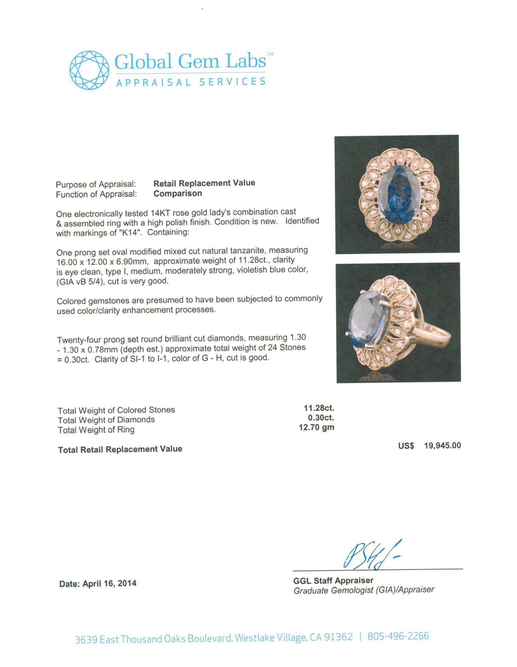 14KT Rose Gold 11.28 ctw Tanzanite and Diamond Ring