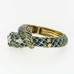 Vintage 18k Gold 0.75 ctw Diamond Green & Blue Enamel Snake Dragon Bangle Bracel