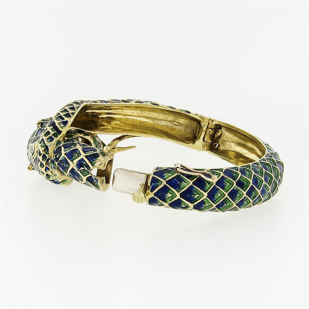 Vintage 18k Gold 0.75 ctw Diamond Green & Blue Enamel Snake Dragon Bangle Bracel