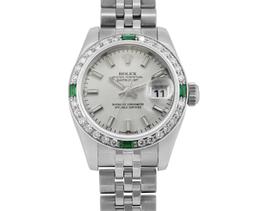 Rolex Ladies Quickset Silver Dial 18K White Gold Diamond And Emerald Datejust