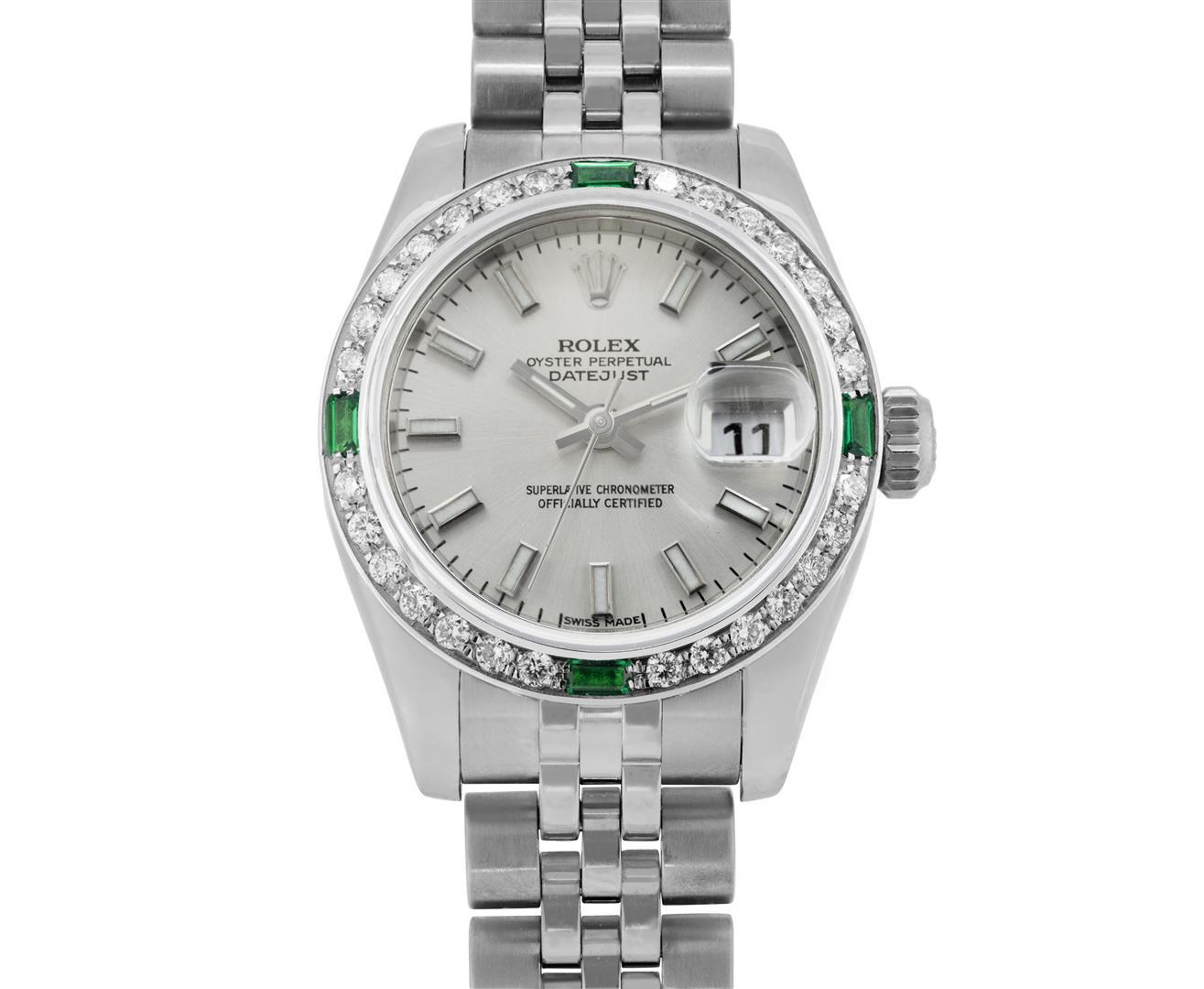 Rolex Ladies Quickset Silver Dial 18K White Gold Diamond And Emerald Datejust