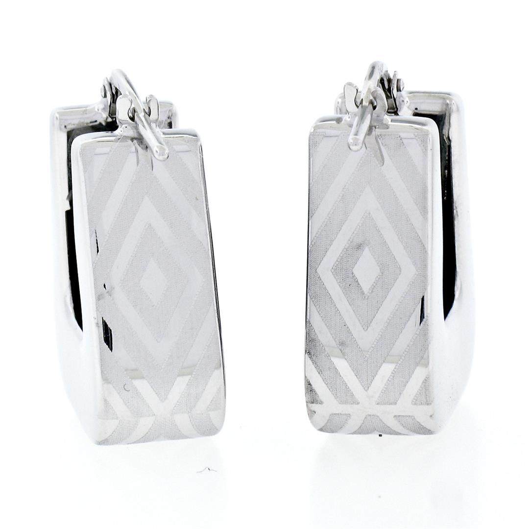 New Italian 14K White Gold Dual Finished Marquise Pattern Huggie Snap Earrings