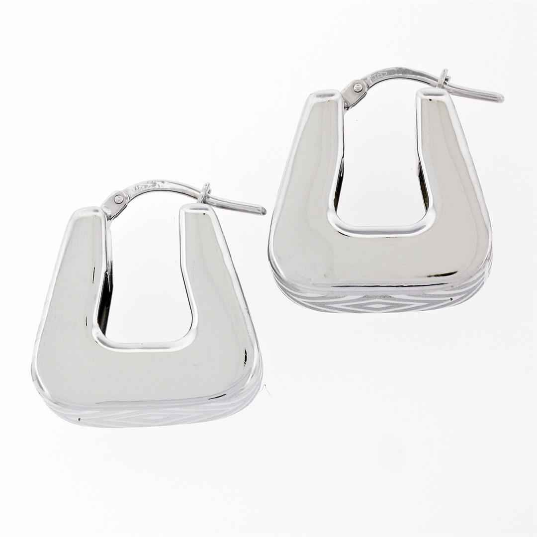 New Italian 14K White Gold Dual Finished Marquise Pattern Huggie Snap Earrings