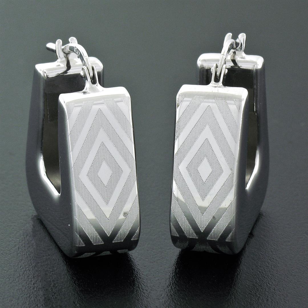 New Italian 14K White Gold Dual Finished Marquise Pattern Huggie Snap Earrings