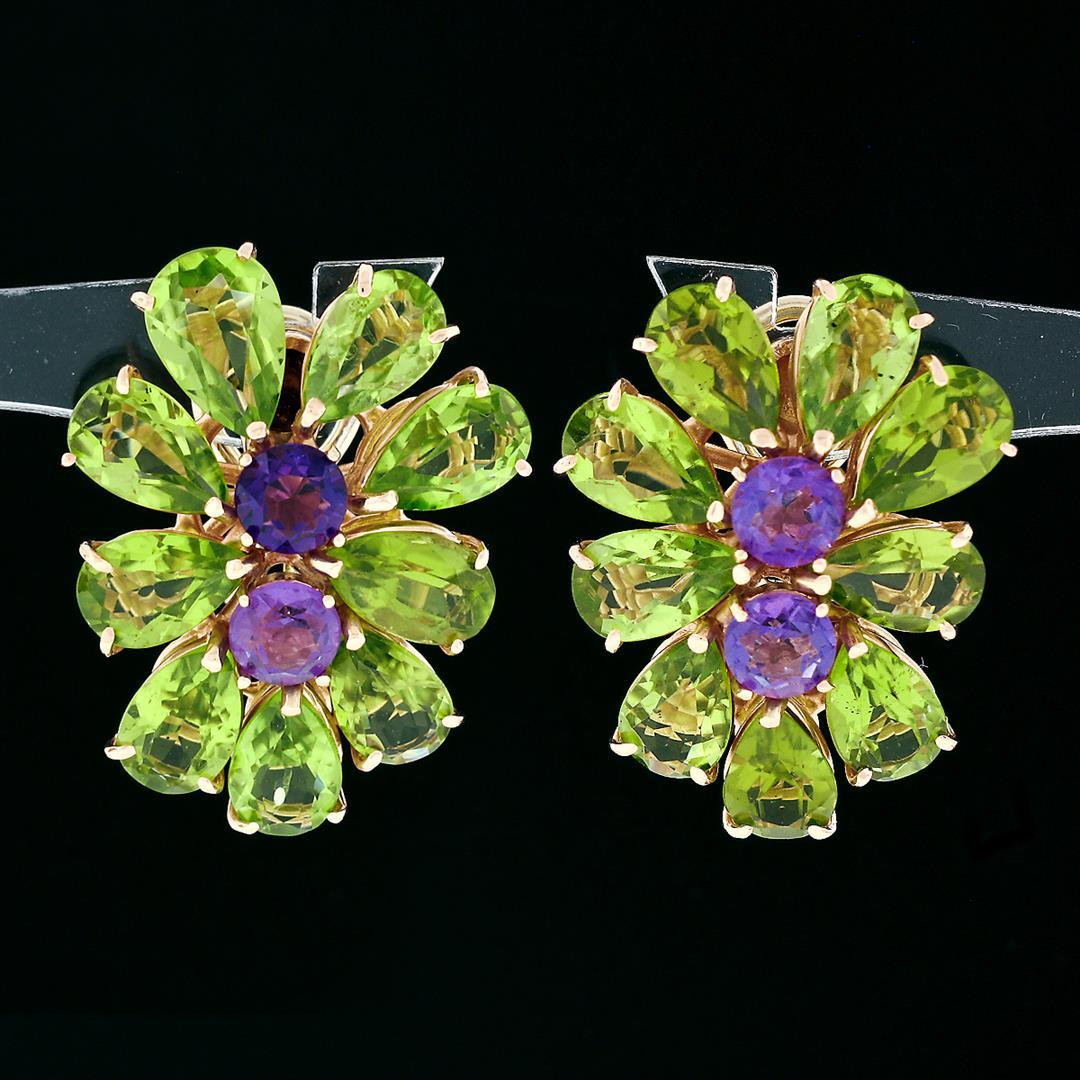 Large 14K Rose Gold Pear Green Peridot & Amethyst Happy Colorful Cluster Earring