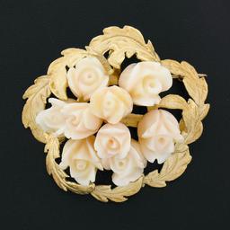 Vintage Carved Angel Skin Coral Rose Bouquet 14K Gold Textured Leaf Halo Brooch