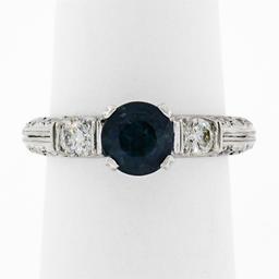 14K White Gold 1.60 ctw Round Sapphire Solitaire Diamond Milgrain Engagement Rin