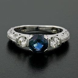 14K White Gold 1.60 ctw Round Sapphire Solitaire Diamond Milgrain Engagement Rin