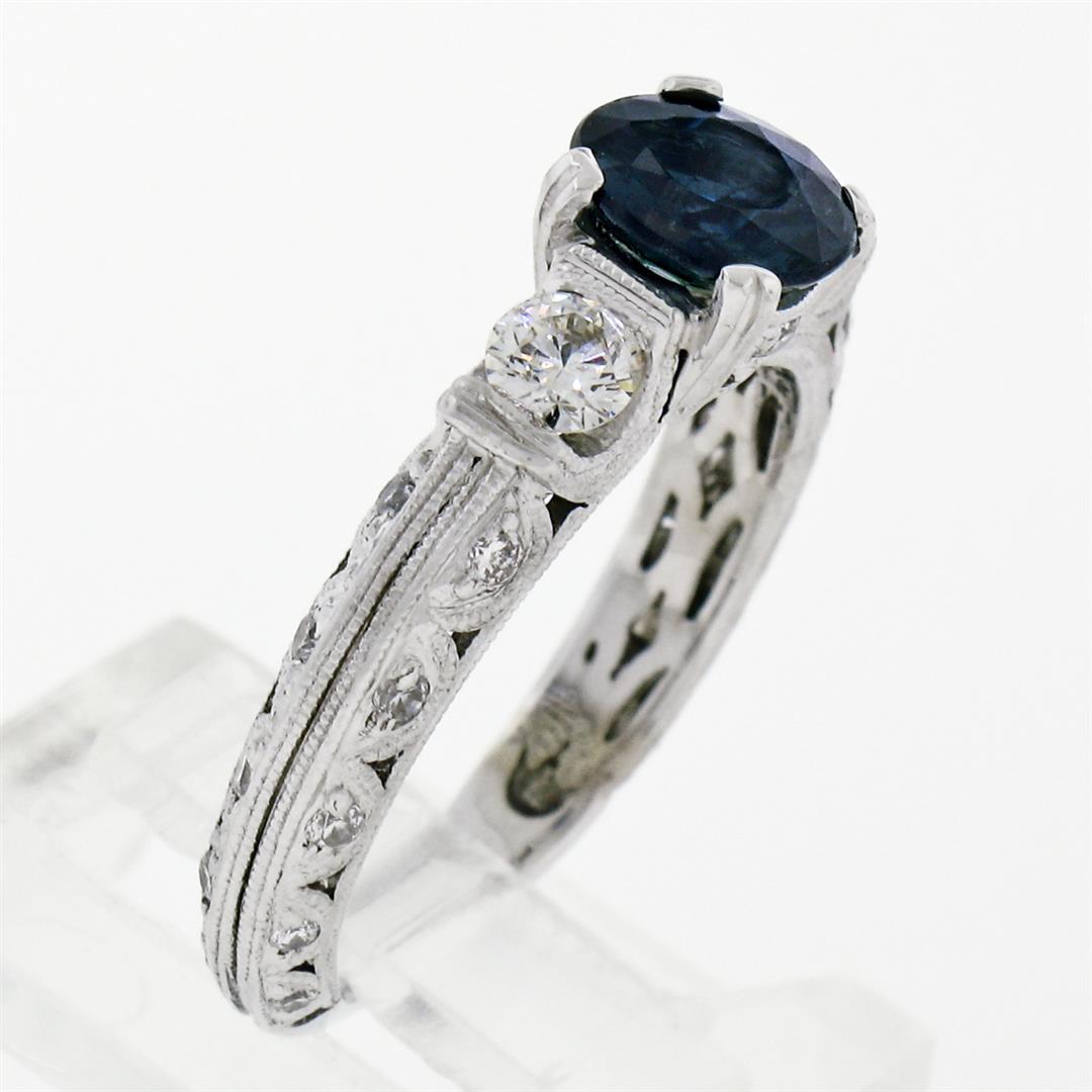 14K White Gold 1.60 ctw Round Sapphire Solitaire Diamond Milgrain Engagement Rin