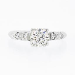 Vintage 14K White Gold.73 ctw Transitional Cut Diamond Engagement Ring w/ Accent