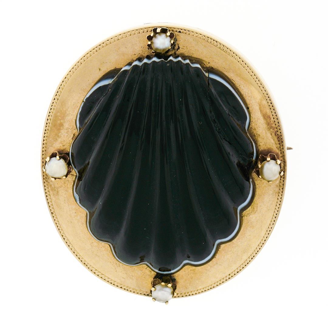 Antique Victorian 18k Gold Banded Black Agate Shell Pearl Mourning Locket Brooch