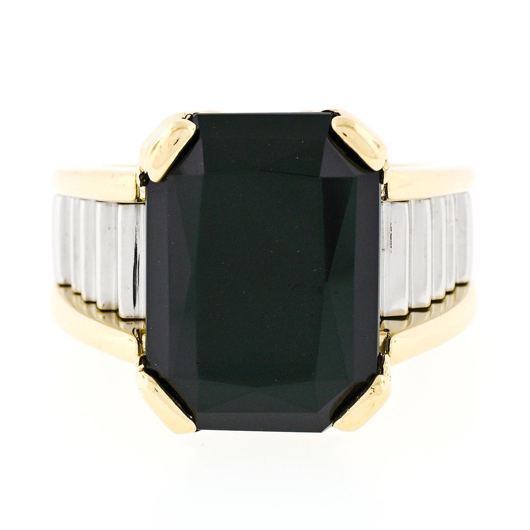 Vintage Unisex 18k Gold & Platinum Large Rectangular Black Onyx Step Design Ring