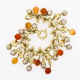 Bonato 18k Gold Diamond Flower Pearl Orange Quartz Beaded Dangle Charm Bracelet