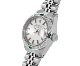 Rolex Ladies Stainless Steel Silver Index Dial Diamond And Emerald Date Watch