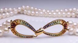 Double Strand Pearl Necklace With 14K Yellow Gold & Graduated Tourmaline Clasp