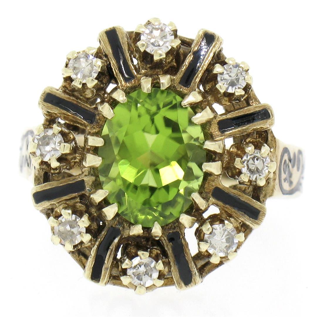 Vintage 14K Yellow Gold 2.43 ctw Oval Peridot Diamond & Black Enamel Halo Ring