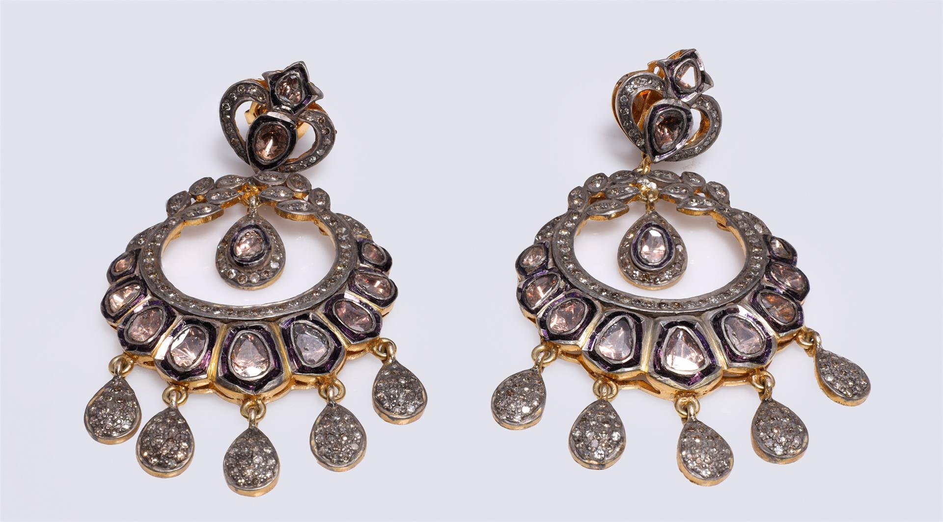 Pair of Mogul Style Silver Topped Gold & Polki Diamond Earrings