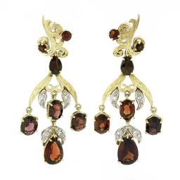 Vintage 18k Gold 11.9 ctw GIA Red Pyrope Garnet & Diamond Flower Dangle Earrings