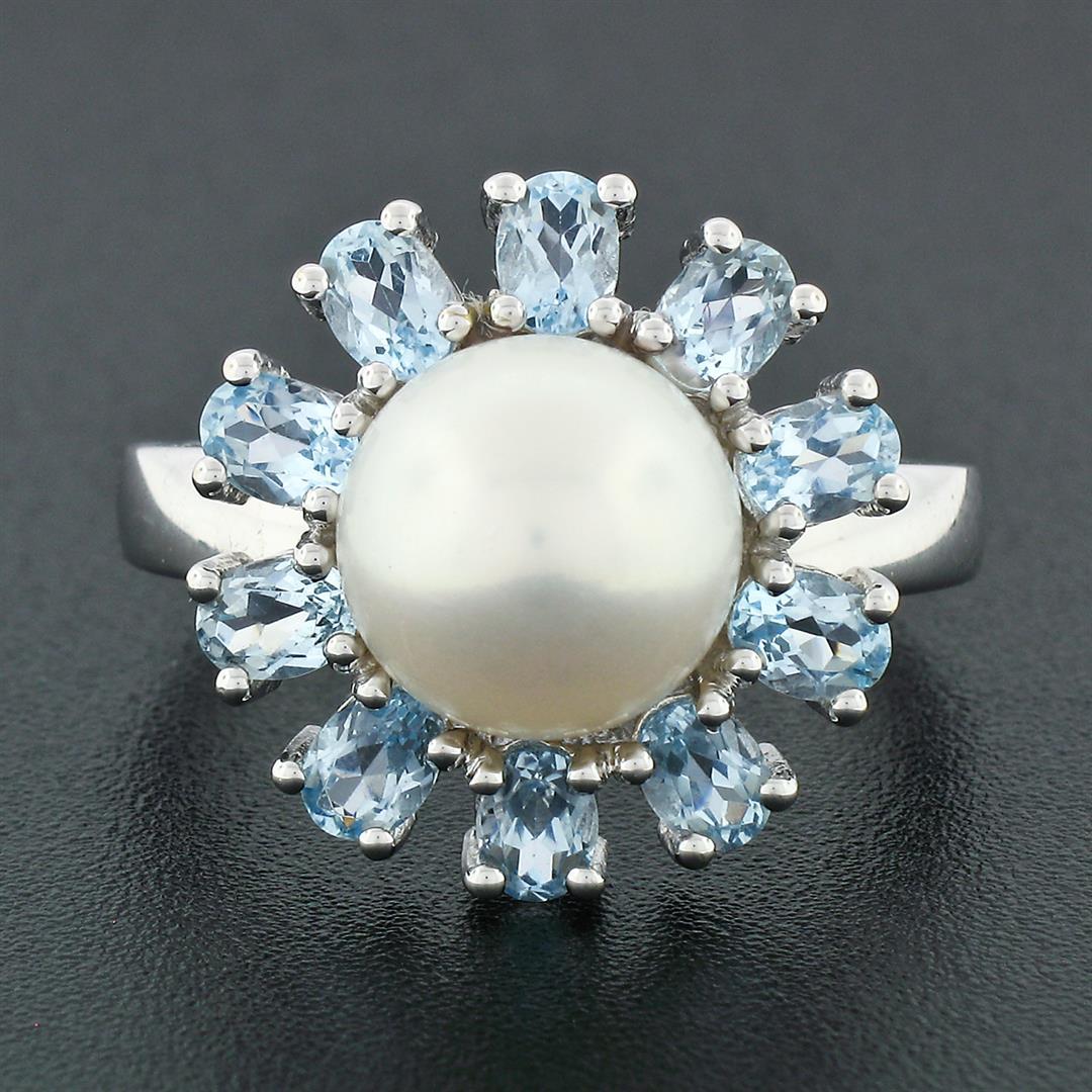 14k White Gold 9.7mm Round White Pearl Ring w/ 2.00 ctw Oval Cut Aquamarine Halo