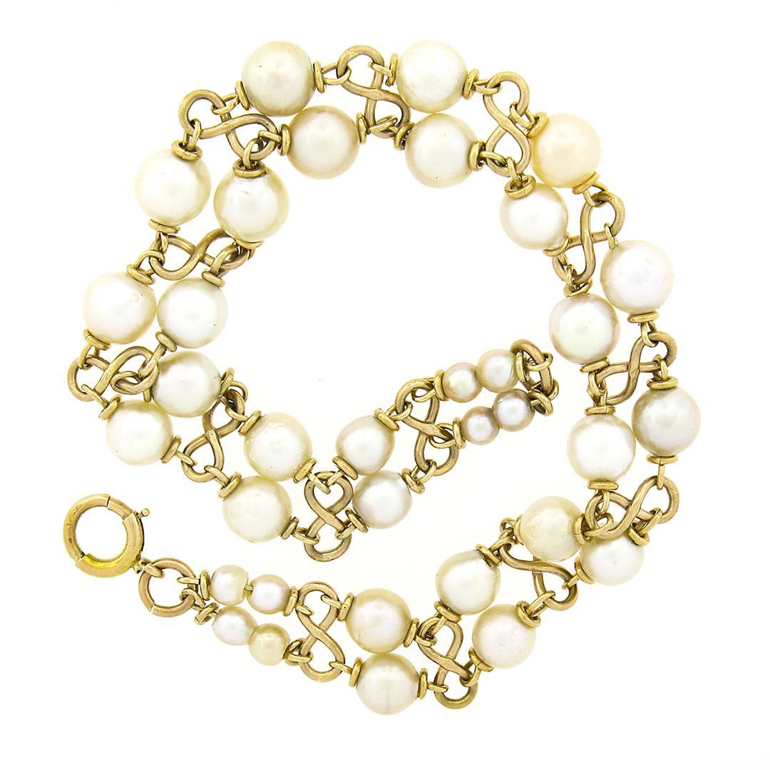 Vintage 14K Gold 6.75" Dual Row Graduating Pearl Figure 8 Infinity Link Bracelet