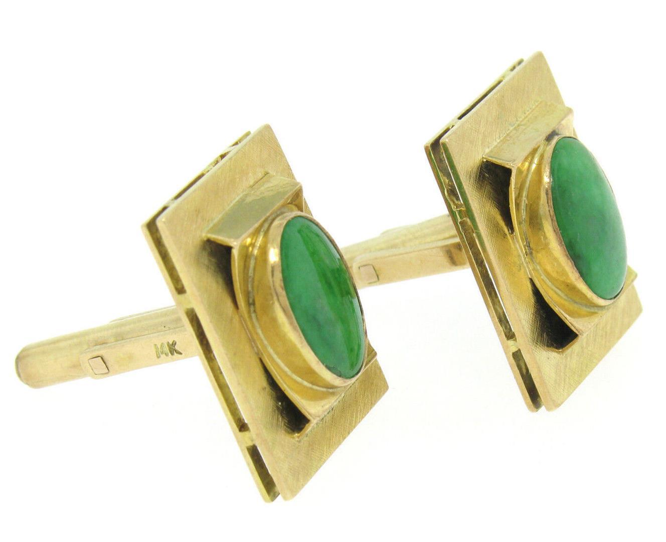 Vintage Men's 14k Yellow Gold EGL Deep Green Jadeite Jade Rectangular Cufflinks