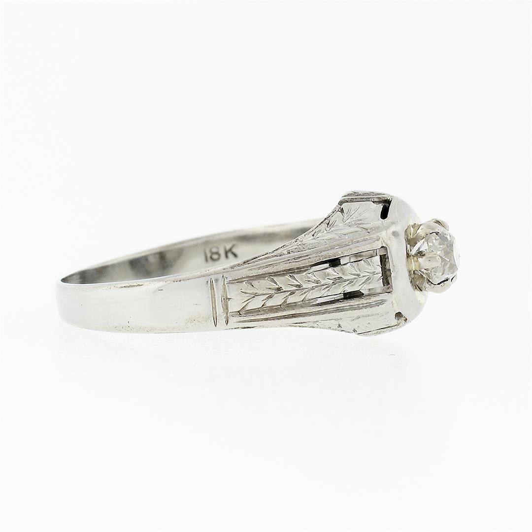 Antique Art Deco Engraved 18k White Gold 0.32 ctw Mine Cut Diamond Solitaire Rin