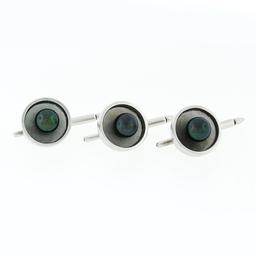 Estate Men's 14k White Gold Round Black Pearl Cuff Links & 3 Button Stud Set