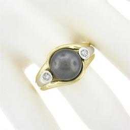 14K TT Gold 10.1mm Dark Gray Tahitian Pearl Solitaire Bezel Diamond 3 Stone Ring