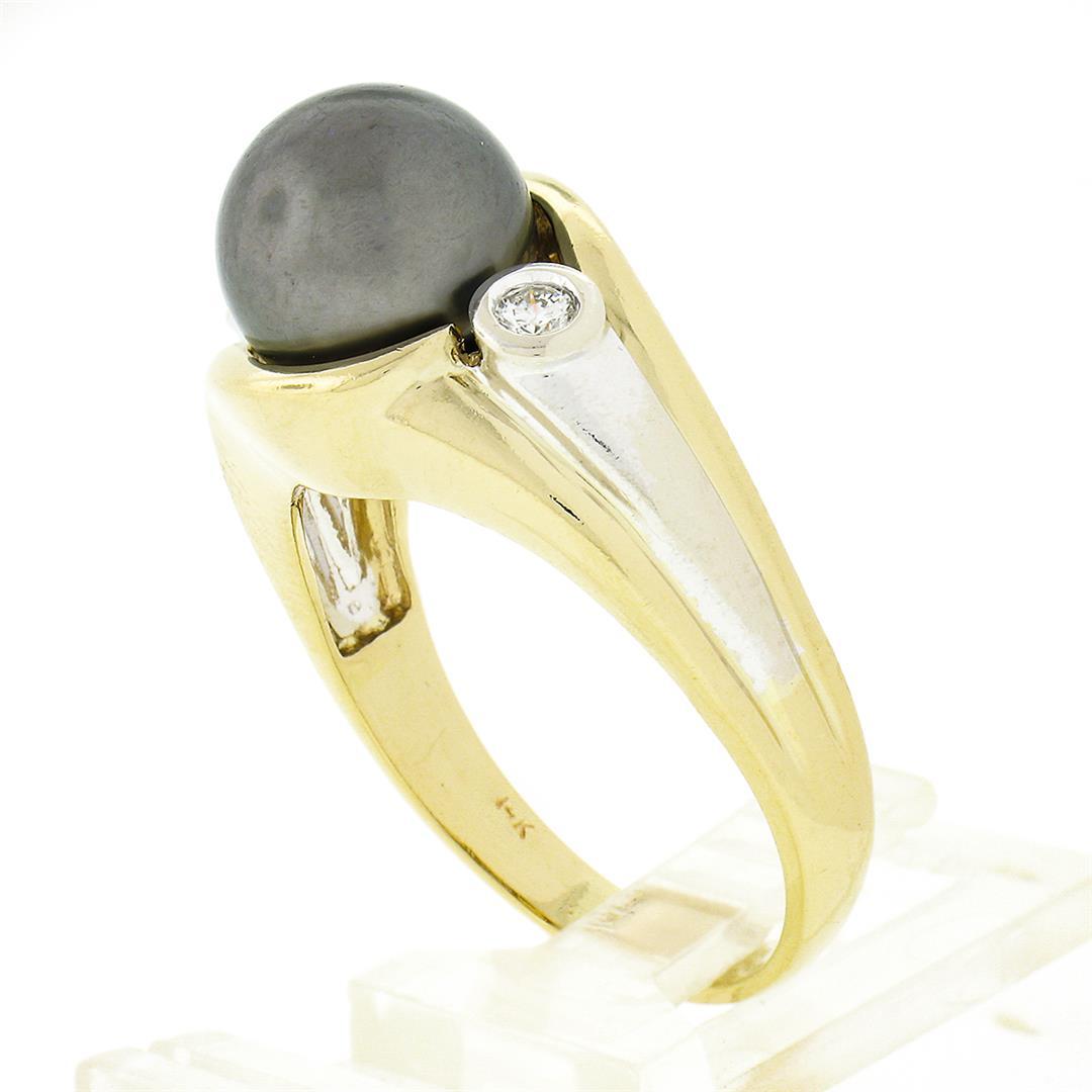 14K TT Gold 10.1mm Dark Gray Tahitian Pearl Solitaire Bezel Diamond 3 Stone Ring