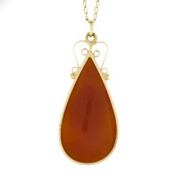Vintage 14k Gold Tear Drop Bezel Carved Shell Cameo Pendant 16" Curb Link Chain