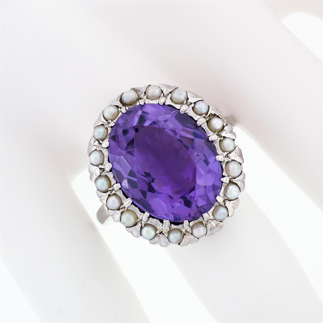 Vintage 14k White Gold Large 10.28 ctw Oval Amethyst Solitaire Ring w/ Pearl Hal