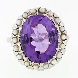 Vintage 14k White Gold Large 10.28 ctw Oval Amethyst Solitaire Ring w/ Pearl Hal