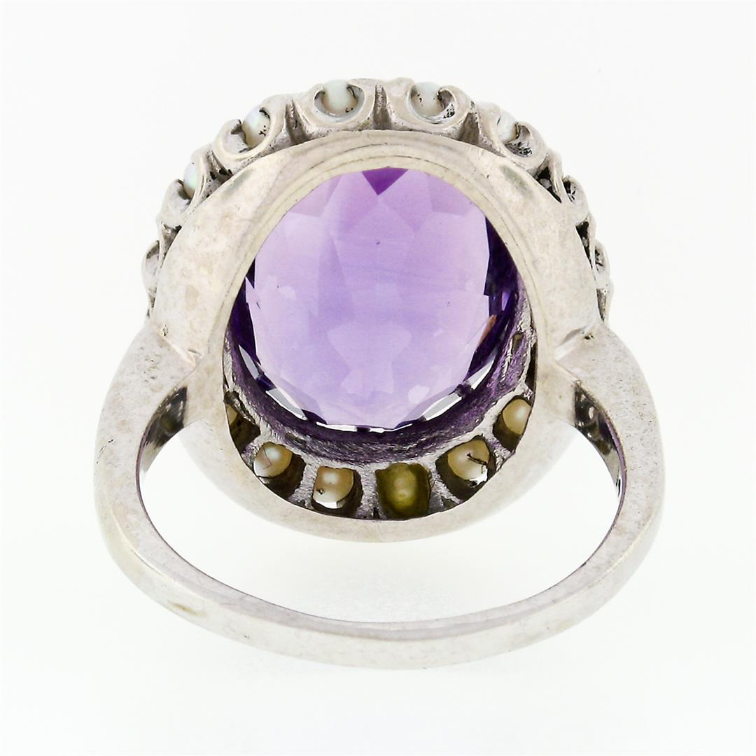 Vintage 14k White Gold Large 10.28 ctw Oval Amethyst Solitaire Ring w/ Pearl Hal