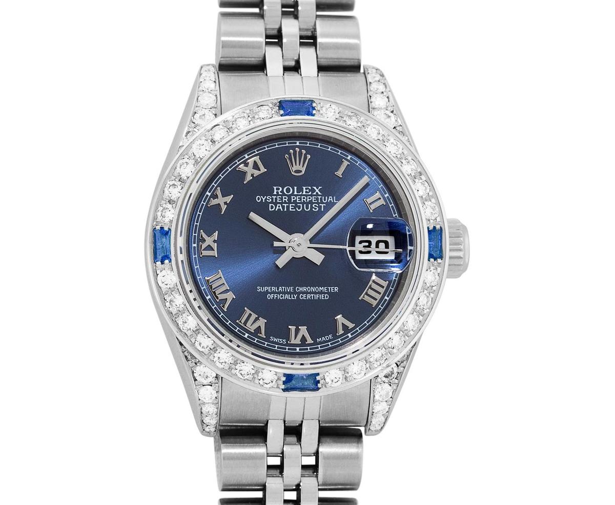 Rolex Ladies Quickset Stainless Steel Blue Roman 18K White Gold Diamond & Sapphi