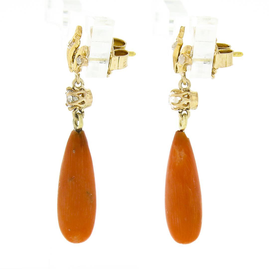 Antique 18K Gold 0.25 ctw European Diamond Orange Coral Tear Drop Dangle Earring