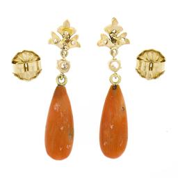 Antique 18K Gold 0.25 ctw European Diamond Orange Coral Tear Drop Dangle Earring