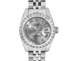 Rolex Ladies Quickset Stainless Steel Gray Roman 18K White Gold Diamond Bezel Da