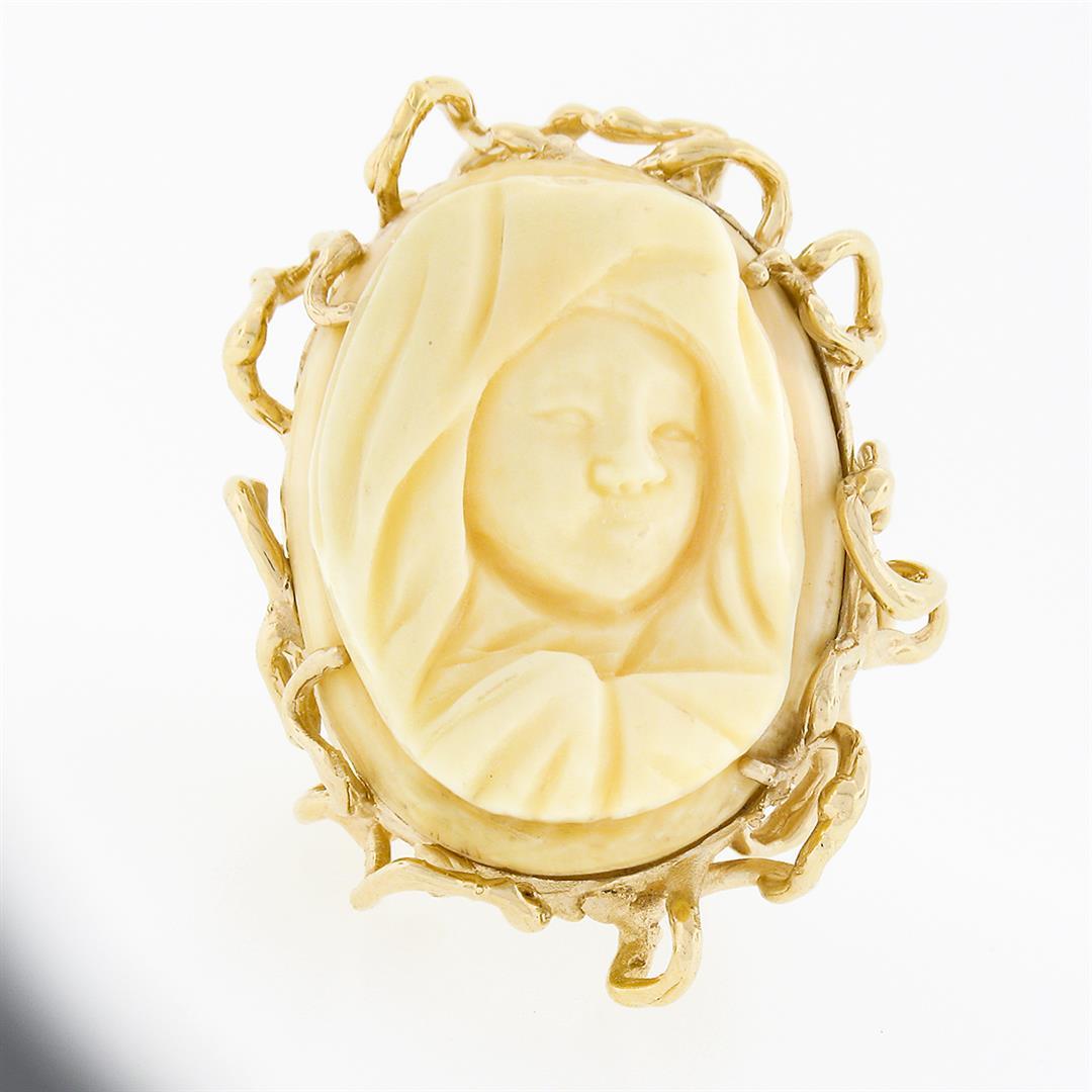 Vintage 14k Gold Carved Oval Nun Cameo Open Freeform Nugget Textured Ring