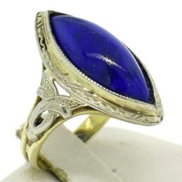 Antique Art Deco 10k White Yellow Gold Bezel Marquise Cabochon Lapis Lazuli Ring