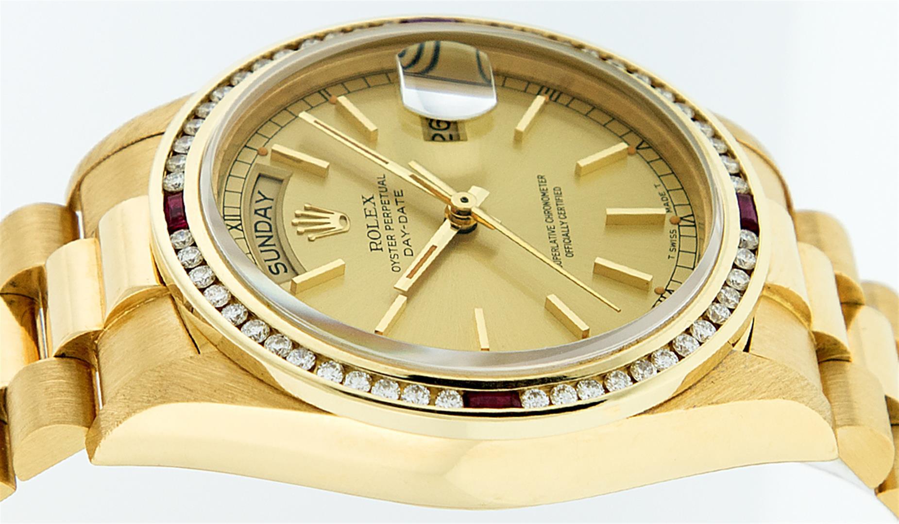 Rolex Mens Quickset 18K Yellow Gold Champagne Index Diamond And Ruby Bezel Presi