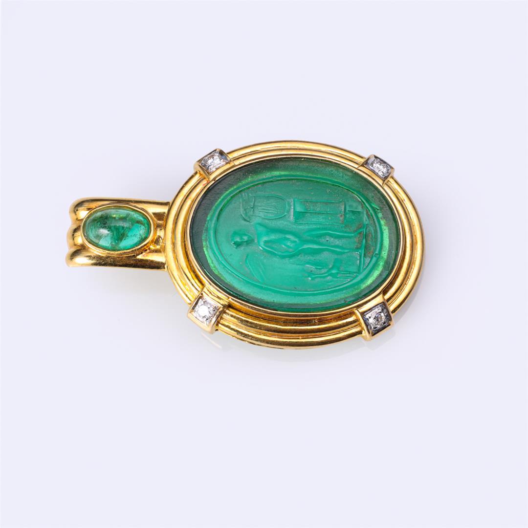 18K Gold, Emerald & Diamond Pendant with Antique Venetian Glass Cameo Medallion