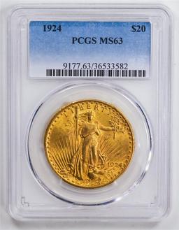 1924 $20 Double Eagle Gold Coin PCGS MS63